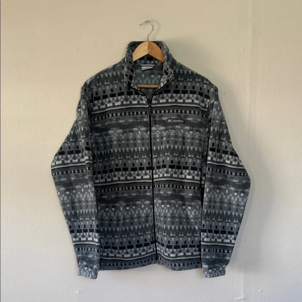 Columbia Black and Gray Patterned Fleece Full Zip UP Jacket Large